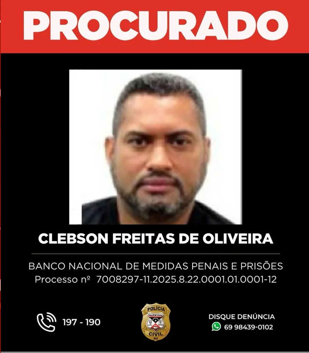 Clebson Freitas, procurado pela polícia — Foto: Reprodução/Polícia Civil de Rondônia (PC-RO)
