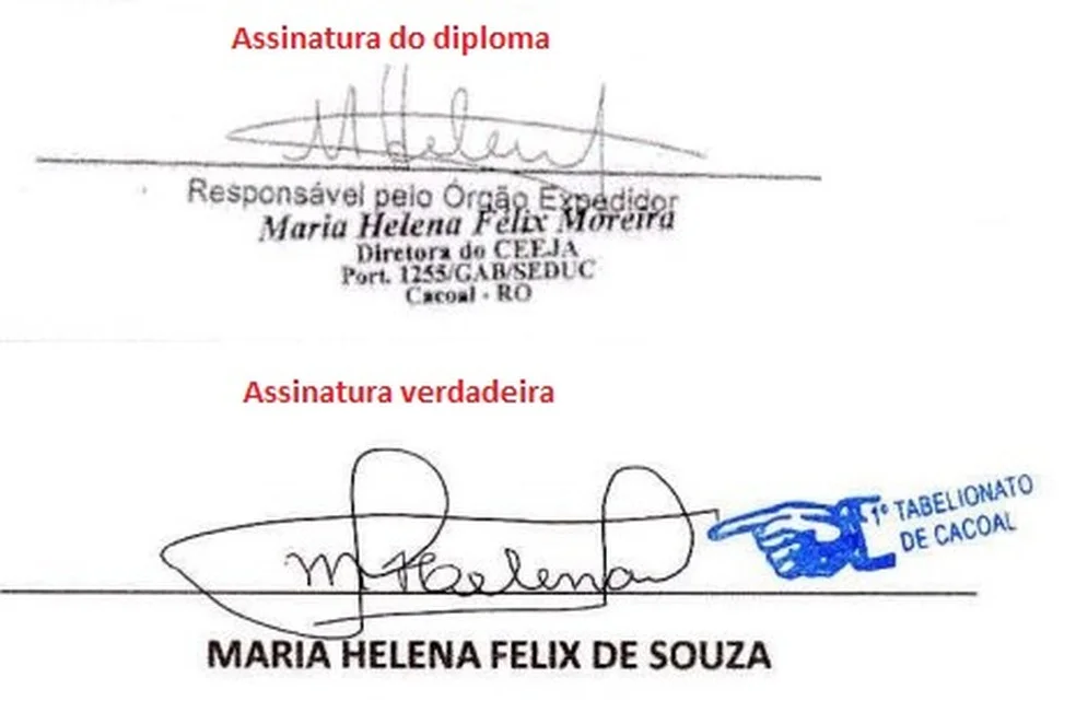 Assinaturas de Maria Helena Felix de Souza — Foto: Reprodução/Inquérito policial