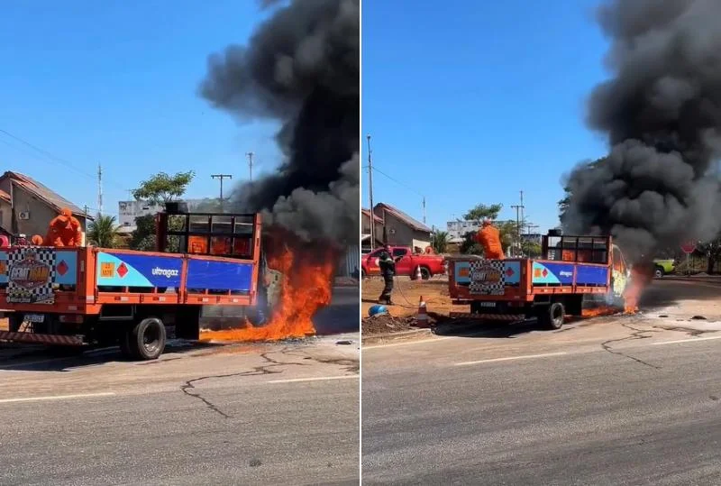NA BR-364: Caminhão carregado com botijões de gás pega fogo em rodovia – VÍDEO