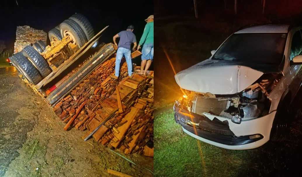 Caminhão carregado de lenha tomba na Linha 128 em Ji-Paraná, e acidente termina com motorista fugindo do local