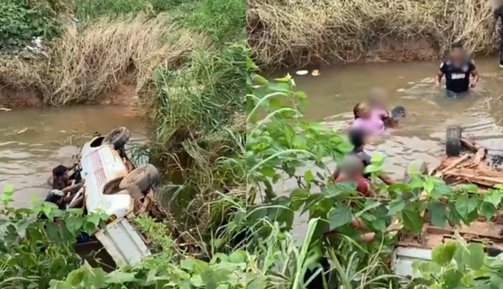 Vídeo: Idosa cadeirante é resgatada após carro capotar em córrego